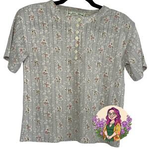 VTG Emerald Isle Grey Floral Ribbed Henley Top Small Grannycore 90s Shoulder Pad